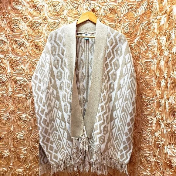 OLD ๐ค๐ NAVY Beige and White Shawl Poncho Size M/L - Picture 2 of 10